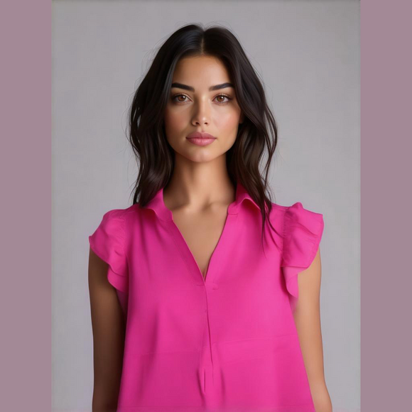 Boutique Tops - Boutique Hot Pink Ruffle Sleeved V-neck Blouse